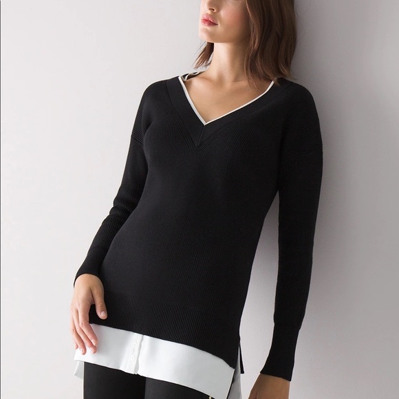 White House Black Market Sweaters - NWT White House Black Market Black Mixed Media V Neck Tunic Sweater NEW Sz XS